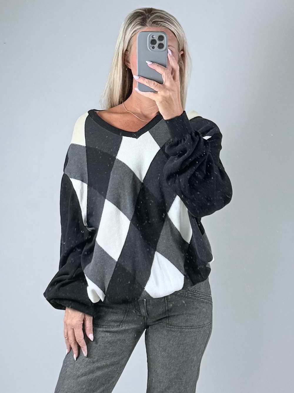 Lyle & Scott Black and White Argyle V-Neck Sweater